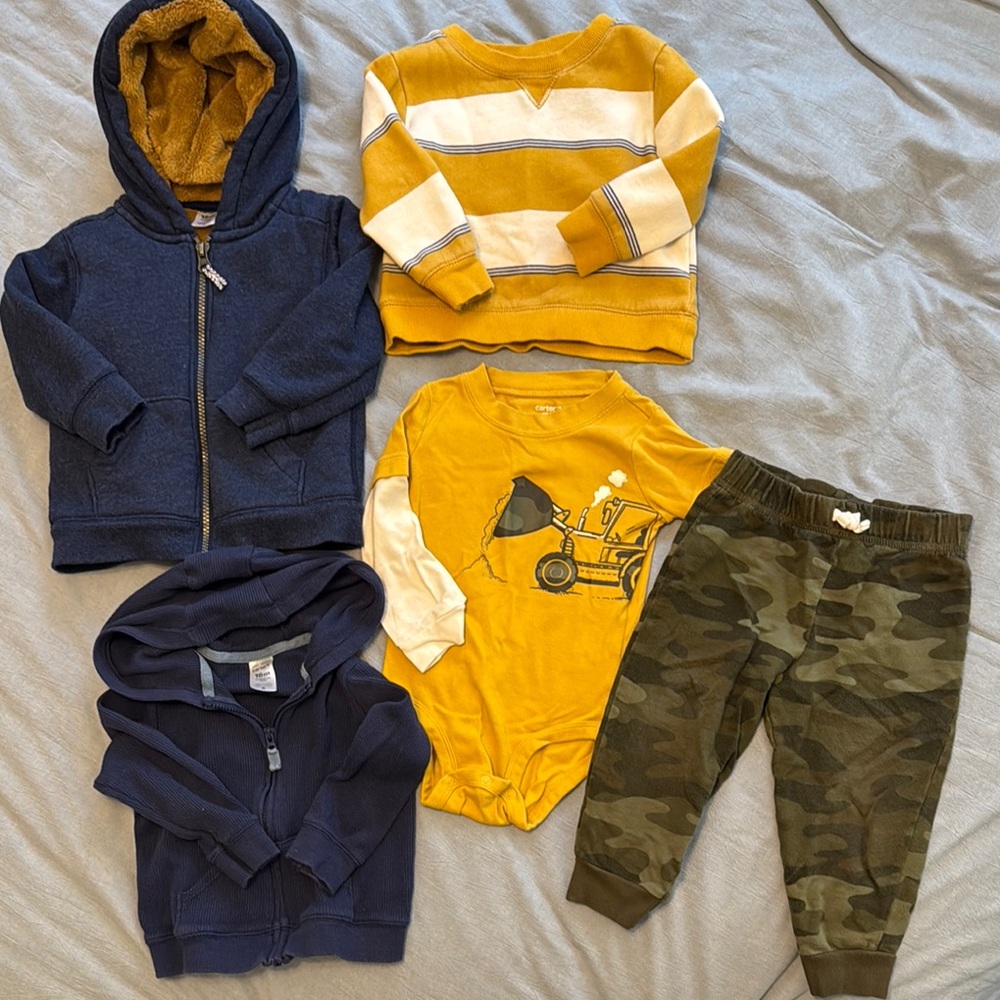 Carter’s Boy Size 18 Mo Bundle: Crewneck + 2 Navy Hoodies & Camo Joggers Set